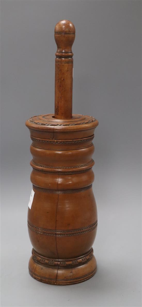 An early 19th century turned fruitwood dry powder mortar and pestle